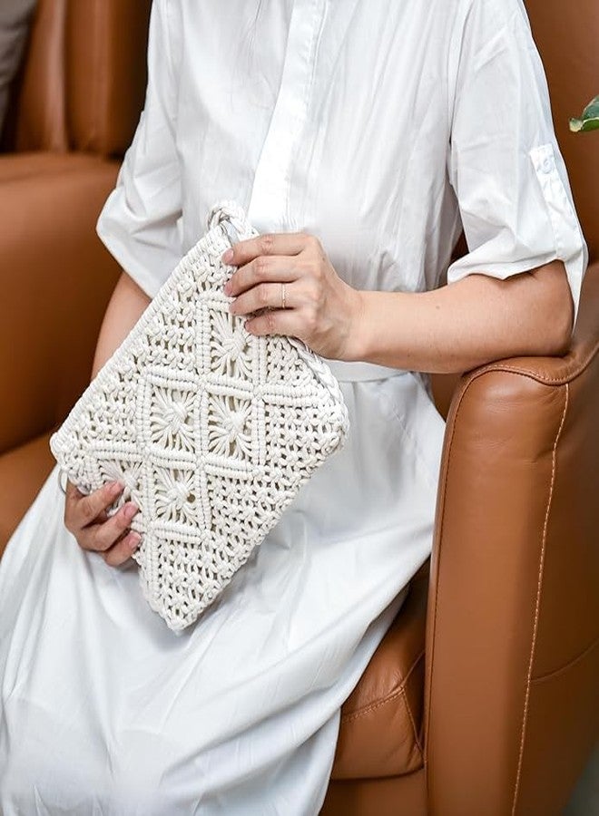 PARAH Women Macrame Shoulder Bag, Knitting Handmade Weaving Handbag, Simple Hollow Beach Bag,White - Size: Width 25 cm x Length 20 cm Off White COLOR - Image 4